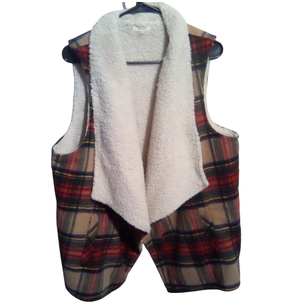 Maurices Womens Plaid Sherpa Lined Draped Waterfall Vest Tan Red Navy XXL